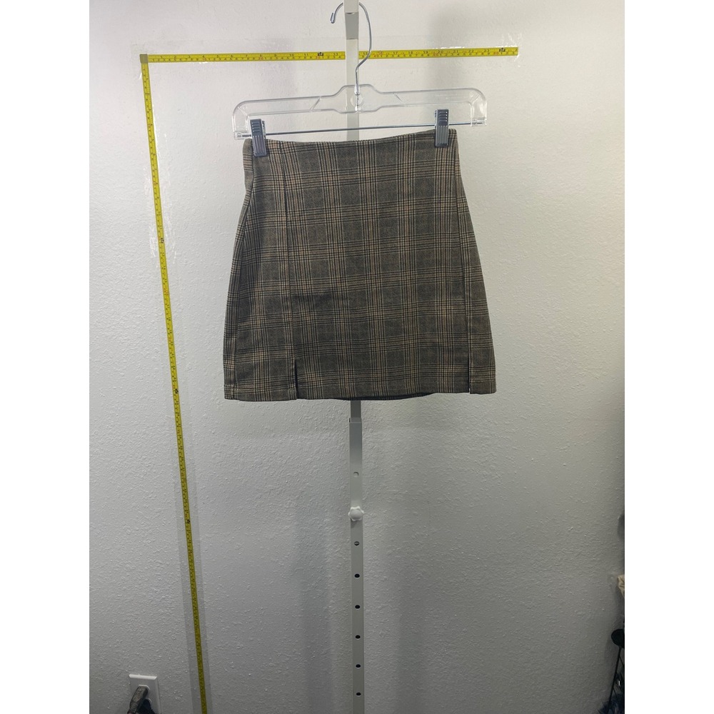John Galt Brandy Melville Brown Plaid Mini‎ Skirt High Waisted Checkered Slit S